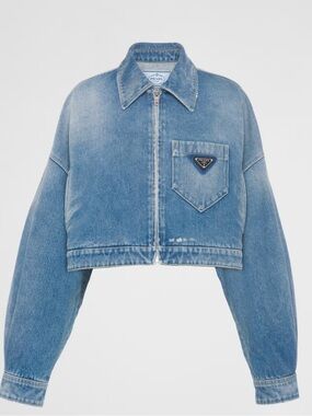 Prada Organic vintage looking Light Blue Cropped Denim Jacket with Logo Pocket